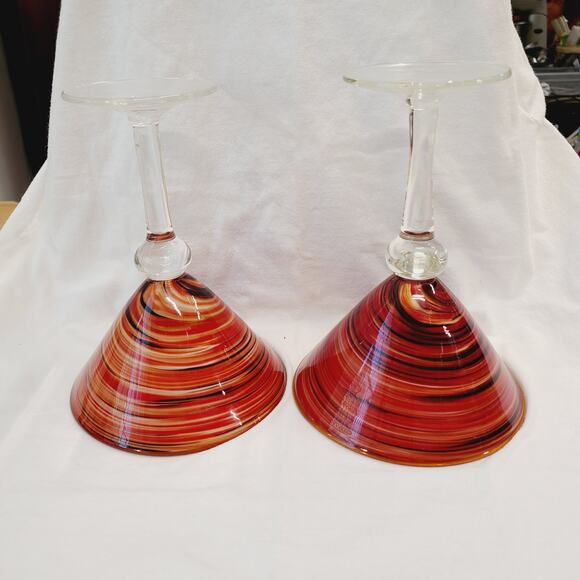 Martini Glasses, Handblown Red, Orange & Black Swirl  "Red Twist" , PRE-OWNED - Picture 5 of 5